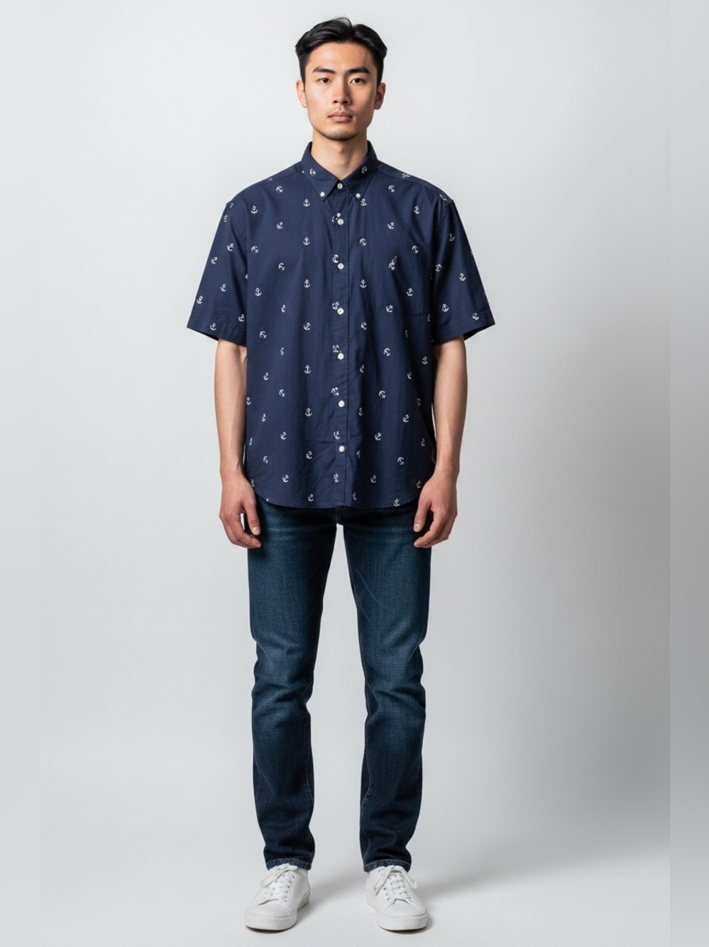 Nautica Navy Short-Sleeve Button-Down Shirt with White Anchor Print